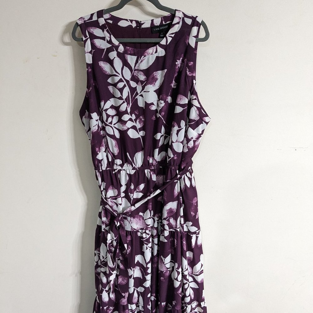 Lane Bryant 26W Purple & White Leaf Print Sleeveless Dress with Waist Tie